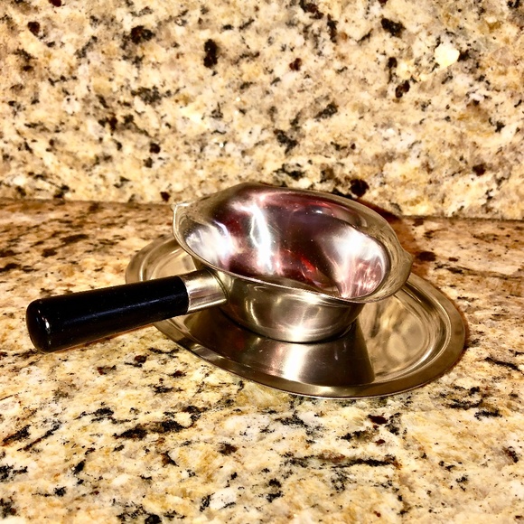 MID CENTURY MODERN Stainless Steel Gravy Boat with Black Wood Handle Vintage - Picture 2 of 16